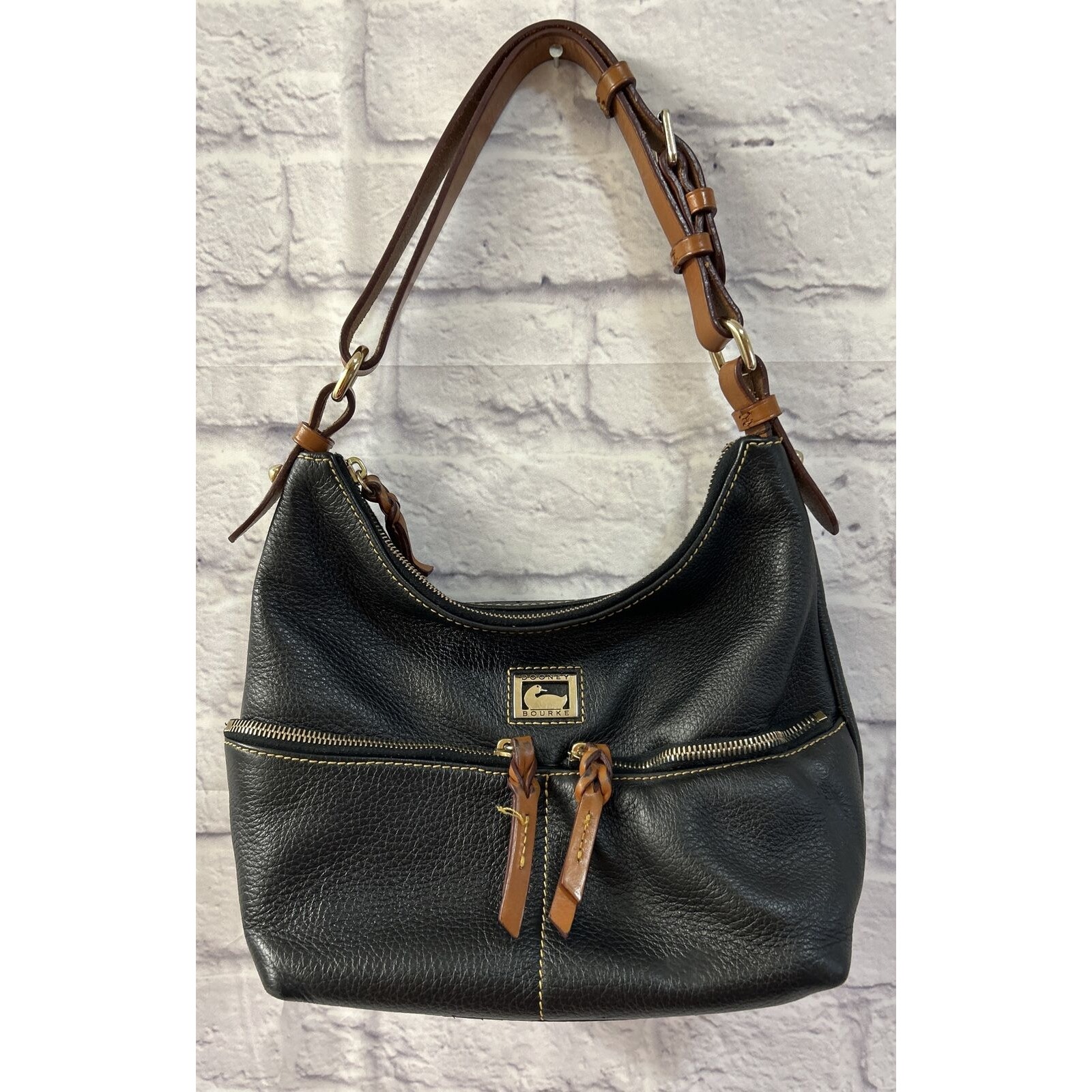 Dooney & Bourke Bag Dillen Double Pocket Hobo Satchel Black Pebbled Leather